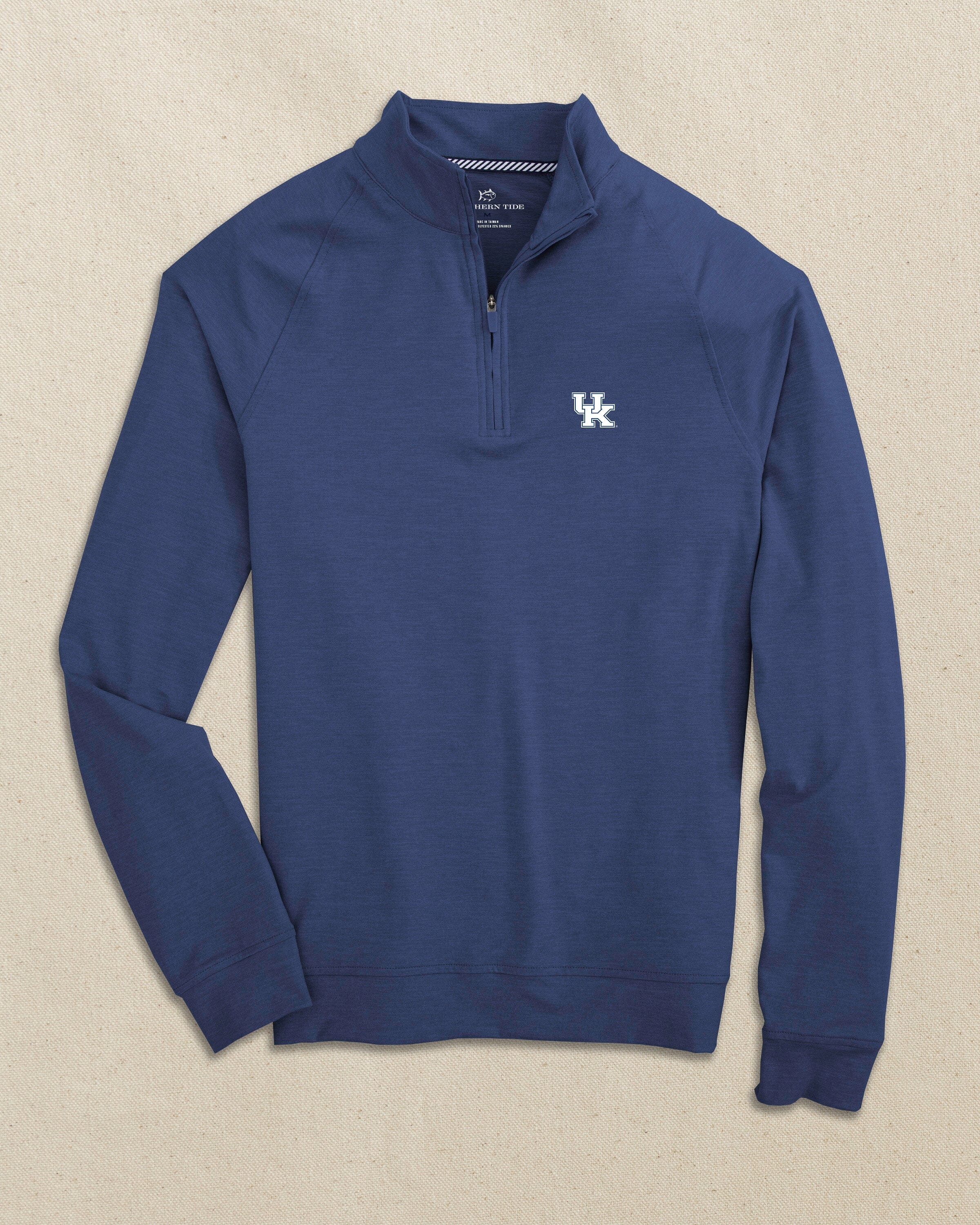 The front view of the Southern Tide Kentucky Wildcats Cruiser Quarter Zip by Southern Tide - Heather University Blue